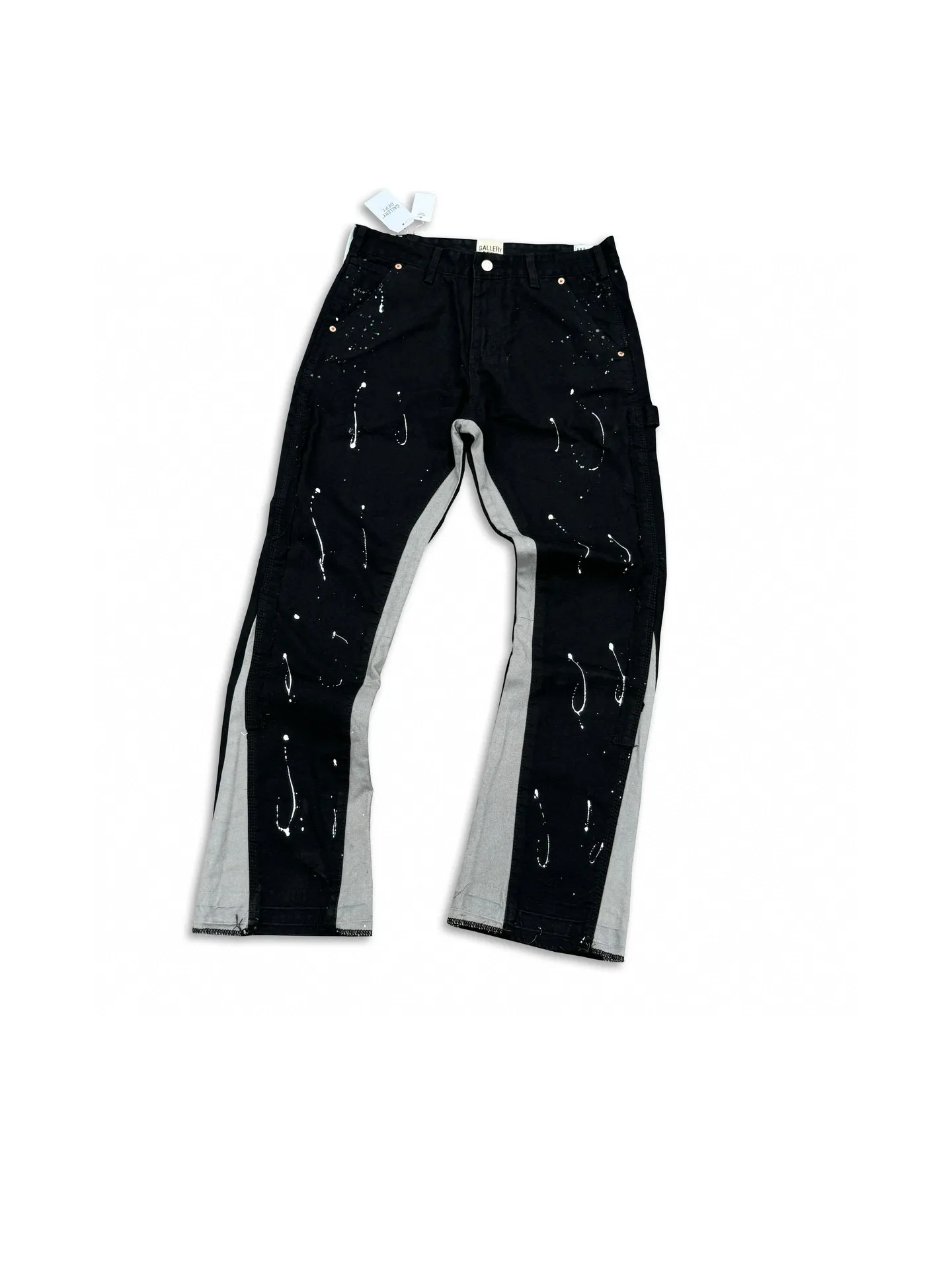 -Size upper body P220#G33 GALLERY DEPT. Spliced ​​washed retro jeans for men and women, high street splash-ink pants, micro-flared casual trousers, trendy couple, same style. Color: black. Size: S-XXL (corresponding to 28-36)